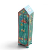 A Handcrafted wooden cabinet, four footed and narrow with peaked top, decorated with various