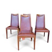 Set of four teak G-plan solid back dining chairs, upholstered in brown leatherette. Collection/