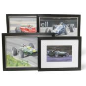Framed Graham Bosworth art featuring Gilles Villeneuve, Dan Gurney, Jim Clark and Tony Brooks. (H: