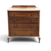 English oak four-drawer chest, featuring a carved upstand back on cabriole legs. (H: 102cm x W: 91cm