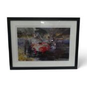 Dexter Brown framed print depicting Von Trips Ferrari 156, 1961. (H: 48cm x W: 67cm)