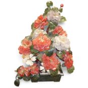 Chinese handcrafted hardstone Bonsai tree, featuring translucent carved red hardstone/jade peony
