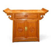 Chinese carved hardwood side cabinet, two cupboards and one draw, w.91 x d.36 x h.79cm.
