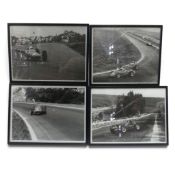 Framed black and white classic motorsport photographs featuring vintage Formula One racing to