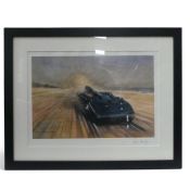 Framed art print depicting Major Henry Segrave driving the 1927 landspeed record car, Sunbeam 1000HP