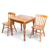 Farmhouse pine table and chairs. (H: 76cm x W: 69cm x D: 44cm)
