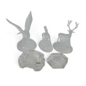 A group of Glass Ornamental pieces to include a Kosta Boda fishing fly paperweight, a Mats