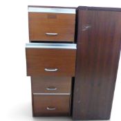 A pair of 4-drawer filing cabinets with mahogany wood veneer finish and contrasting silver