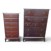 Stag Minstrel mahogany tall boy 7 chest of drawers with brass plated ring pull and knob handles,