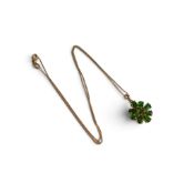 9ct gold flower head pendant, set with green stones, 2.4g together with 14ct gold necklace, 1.2g.