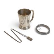 Silver itesm, comprising christening mug, bracelet, pendant & chain, 122.5g.