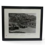 Framed black and white photograph of Juan Manuel Fangio, Alberto Ascari and Stirling Moss, 1955