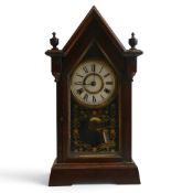 A Wooden cased Steeple Mantel clock, with floral decorated glass door front, roman numeral face.
