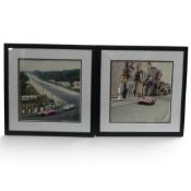 Framed photographs depicting the famous Mulsanne corner at 24 hours of Le Mans, 1967, and Ferrari