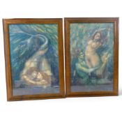 Two pieces of framed Artwork featuring a Mermaid and Merman embracing underwater , both decorated in