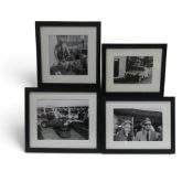 Framed black and white classic motorsport photographs featuring Juan Manuel Fangio with Enzo