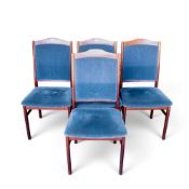 Set of four mid-century teak dining chairs by Ulfents of Sweden, upholstered in blue fabric.