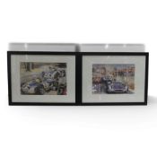 Framed Walter Gotschke water colour prints depicting Fangio & Moss driving their Mercedes-Benz. (