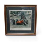Signed John McConnell print depicting John Surtees racing his Ferrari 312 at the 1966 Monaco Grand