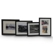 A collection of framed black and white motorsport photographs featuring Ferrari 212E, Ferrari 612