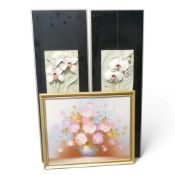 Two decorative Wooden wall panels , each mounted with a resin floral plaque containing embossed