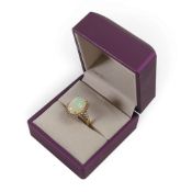 9k gold set opal & diamond ring, size Q. With COA. 4.84g.