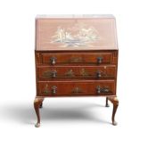 Chinoiserie-decorated walnut drop front writing bureau featuring hand-painted Oriental