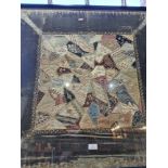 An old framed patchwork panel and two other pictures