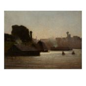 Leon Gustave Ravanne, Blick auf Bootshäuser vom Wasser aus, 1882