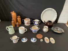 Miscellaneous ceramics - saltglazed stoneware gin and ink bottles, tankards, loving cups, a brown