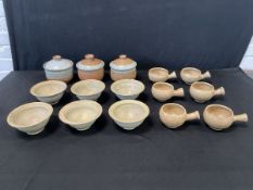 John Atken, three glazed stoneware signed circular tureens & covers; a set of six similarly