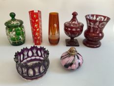 A Bohemian ruby glass bonbon dish and vase engraved with deer & scrolling; a Carl Rotter vase