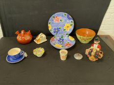 Handpainted ceramics - a Spanish slipware botijo water jug, a Radford covered cheese dish with