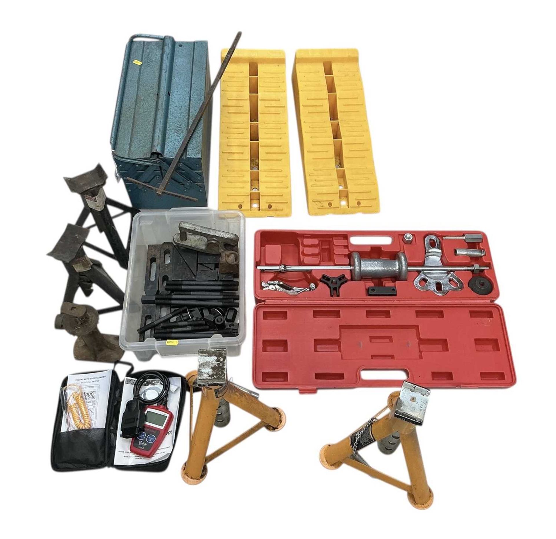 Collection of assorted garage tools to include two pairs of axle stands, plastic ramps, metal toolbo