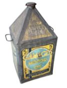 Original 1930s Gamages motor oil can, with decorated panels depicting aircraft, boats and cars, 51cm