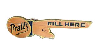 Pratt's 'Fill Here' painted wood pointing finger advertising sign, 99 x 29cm, probably a modern copy