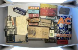 Collection of vintage spark plugs to include Lodge and Champion, with original packaging and ephemer