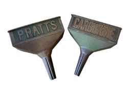 Original Pratts oil funnel with painted naming together with a similar Carburine funnel (2)