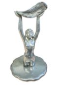 Vintage car mascot in the form of a nude woman raising a feather aloft, on a radiator cap, 18cm in o