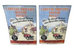 Two scarce original 1930s The Careful Driver's Motor Policy cardboard advertising signs, each 73cm x