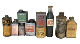 Collection of ten assorted vintage oils and lubricants in bottles and tins to include Snowdrift oil,