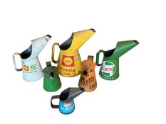 Group of six vintage oil pouring jugs to include Shell, Castrol and Pratts (6)