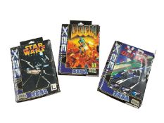 Three boxed Sega Megadrive 32X, Star Wars Arcade, Doom and Virtua Racing Deluxe