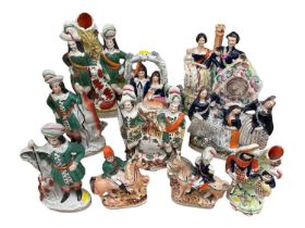 Group of ten Victorian Staffordshire pottery figure groups inlcuding hunting figures