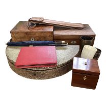Two Victorian work boxes, horn beakers, Brigg of London folding parasol in leather case and other it