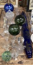 Group of 19th century and later glasses, blue witches ball, Victorian Bristol blue sailors love toke