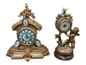 Antique French ormolu clock depicting Cupid, the enamel dial with paste-set surround, on red marble