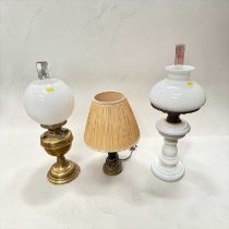 Vintage brass oil lamp with glass shade, another glass oil and shade and an antique table lamp (3)