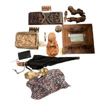 Box of mixed treen, vintage parasol with carved parrot handle and other items