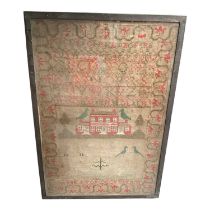 Early 19th century needlework sampler depicting a central house, birds and alphabet, by Anne Lyon 18